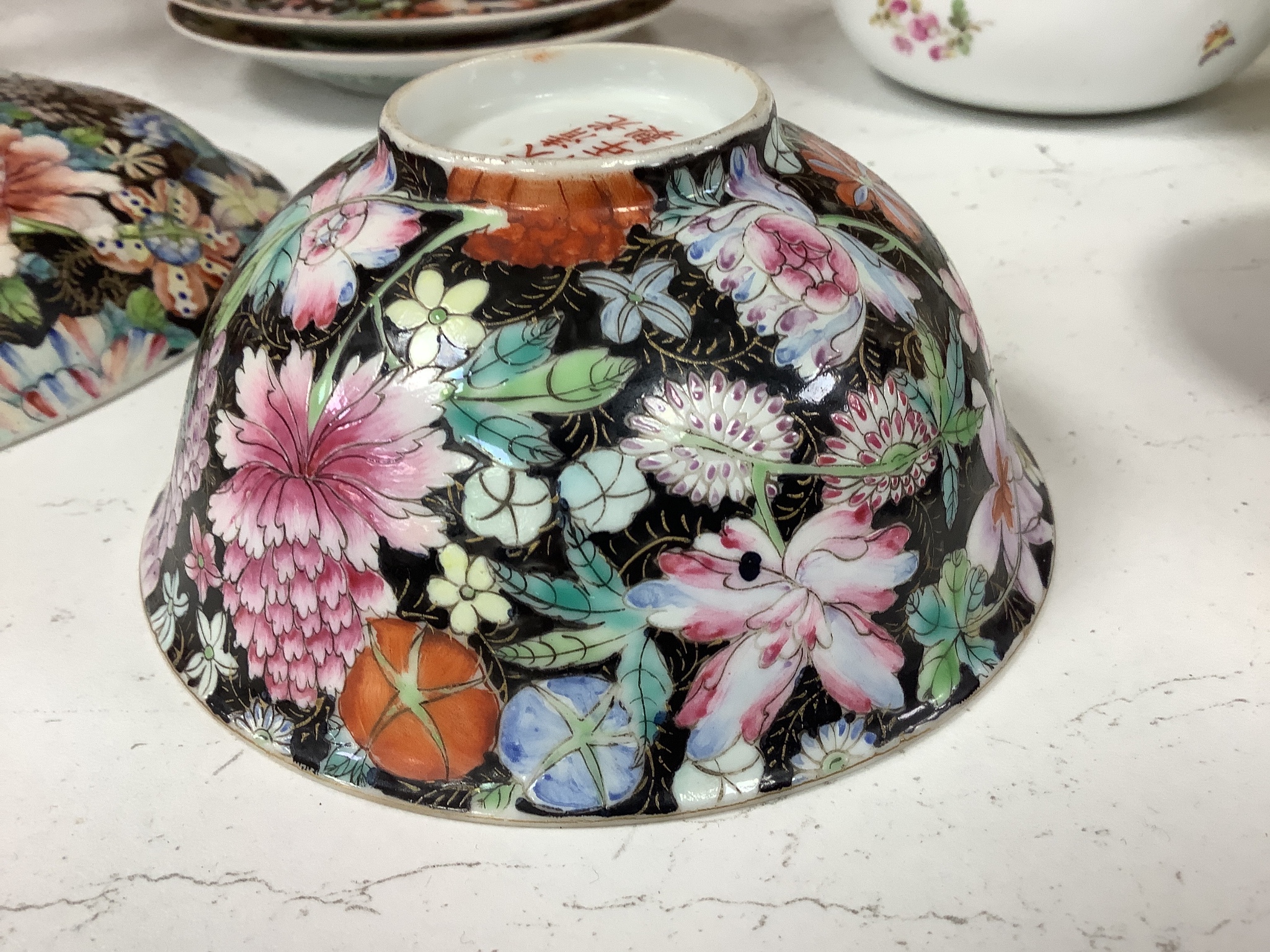 A Chinese millefleur bowl, rice bowl, cover and four plates, Guangxu mark, early 20th century